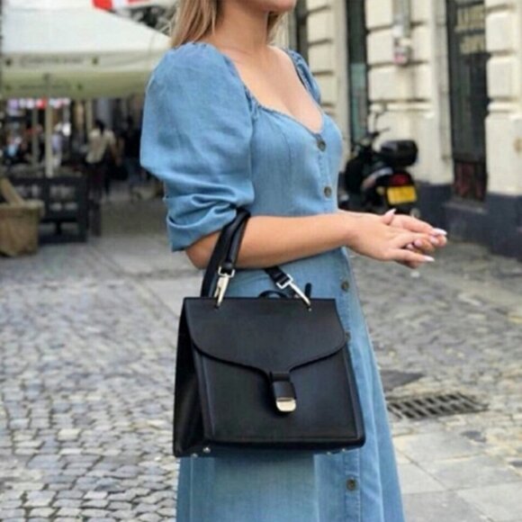 Zara Premium Denim Chambray Off Shoulder Midi Button Down Dress Blue Medium - Picture 4 of 13